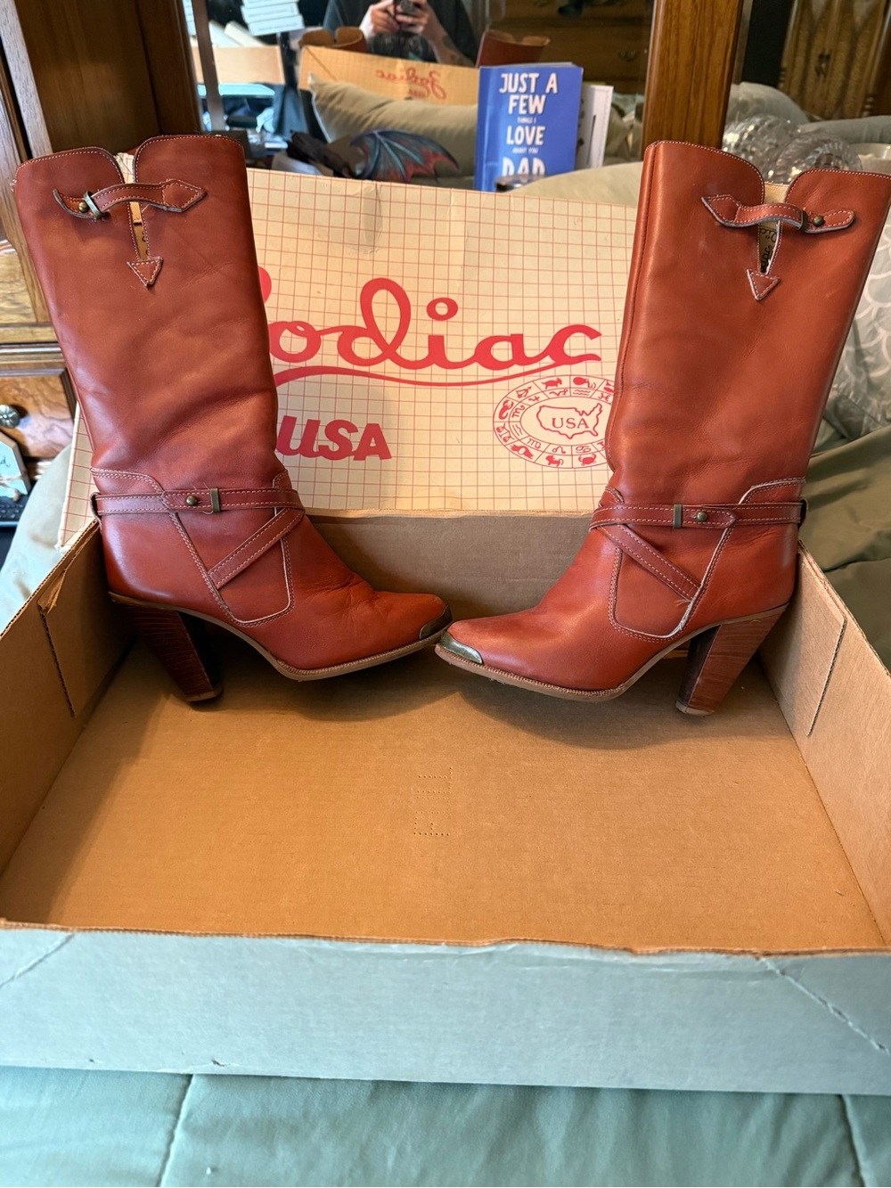 Zodiac Red-Brown Leather Mid-Calf Heeled Boots